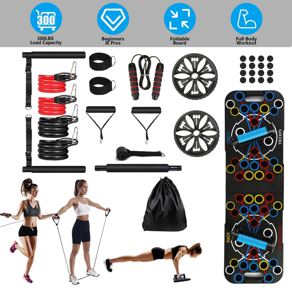 Multifunctional Push Up Board Home Strength Training Equipment With 15 Fitness Accessories Pilates Bar Resistance Band Roller Wheel Full Body Workout Home Gym Equipment - OneStore-Electronics and Accessories example prod