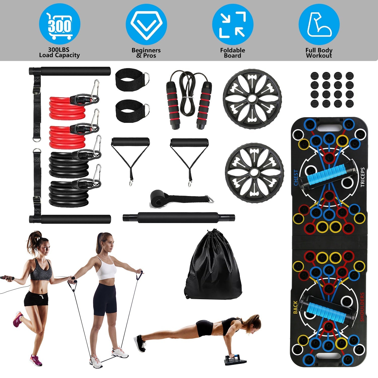 Multifunctional Push Up Board Home Strength Training Equipment With 15 Fitness Accessories Pilates Bar Resistance Band Roller Wheel Full Body Workout Home Gym Equipment - OneStore-Electronics and Accessories example prod