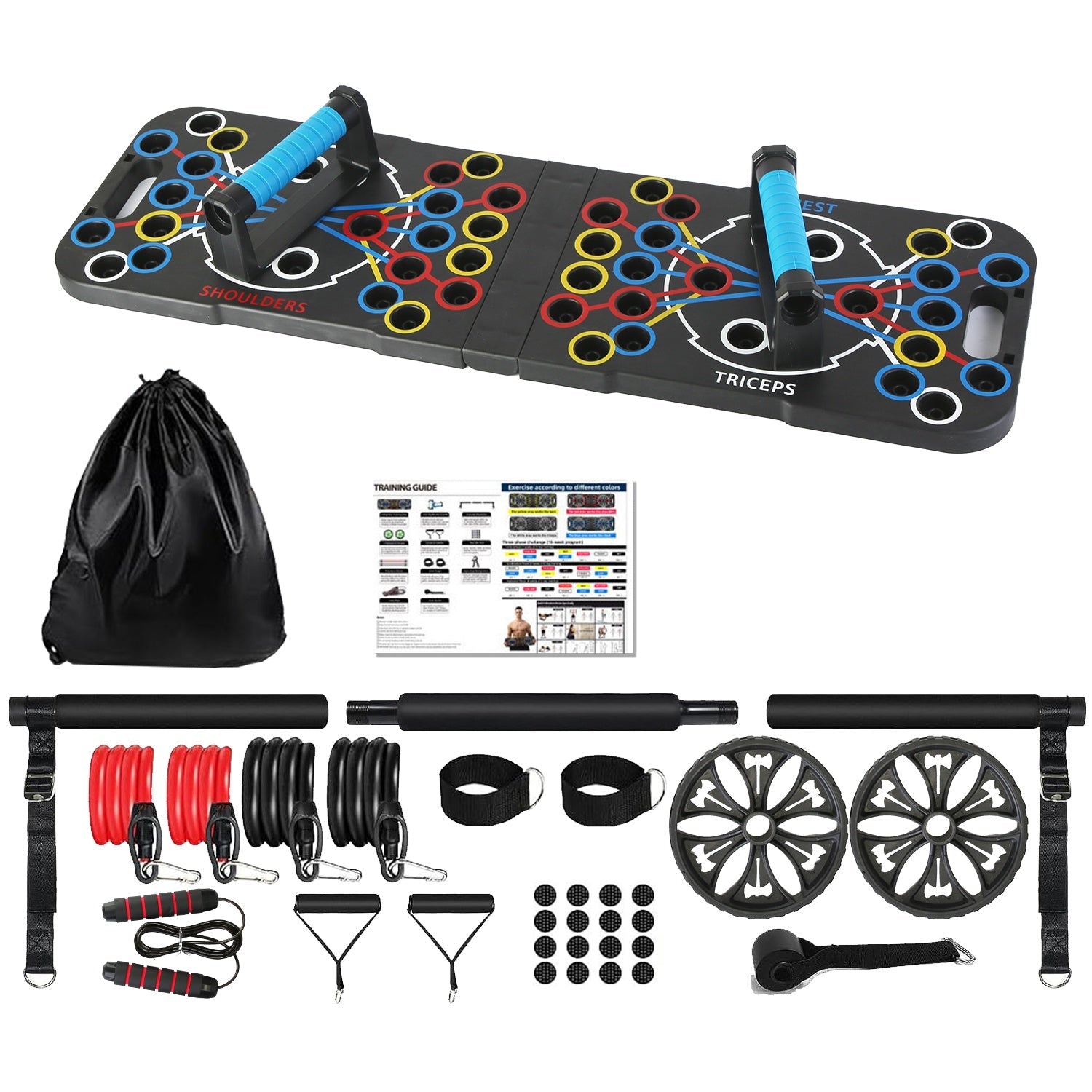 Multifunctional Push Up Board Home Strength Training Equipment With 15 Fitness Accessories Pilates Bar Resistance Band Roller Wheel Full Body Workout Home Gym Equipment - OneStore-Electronics and Accessories example prod